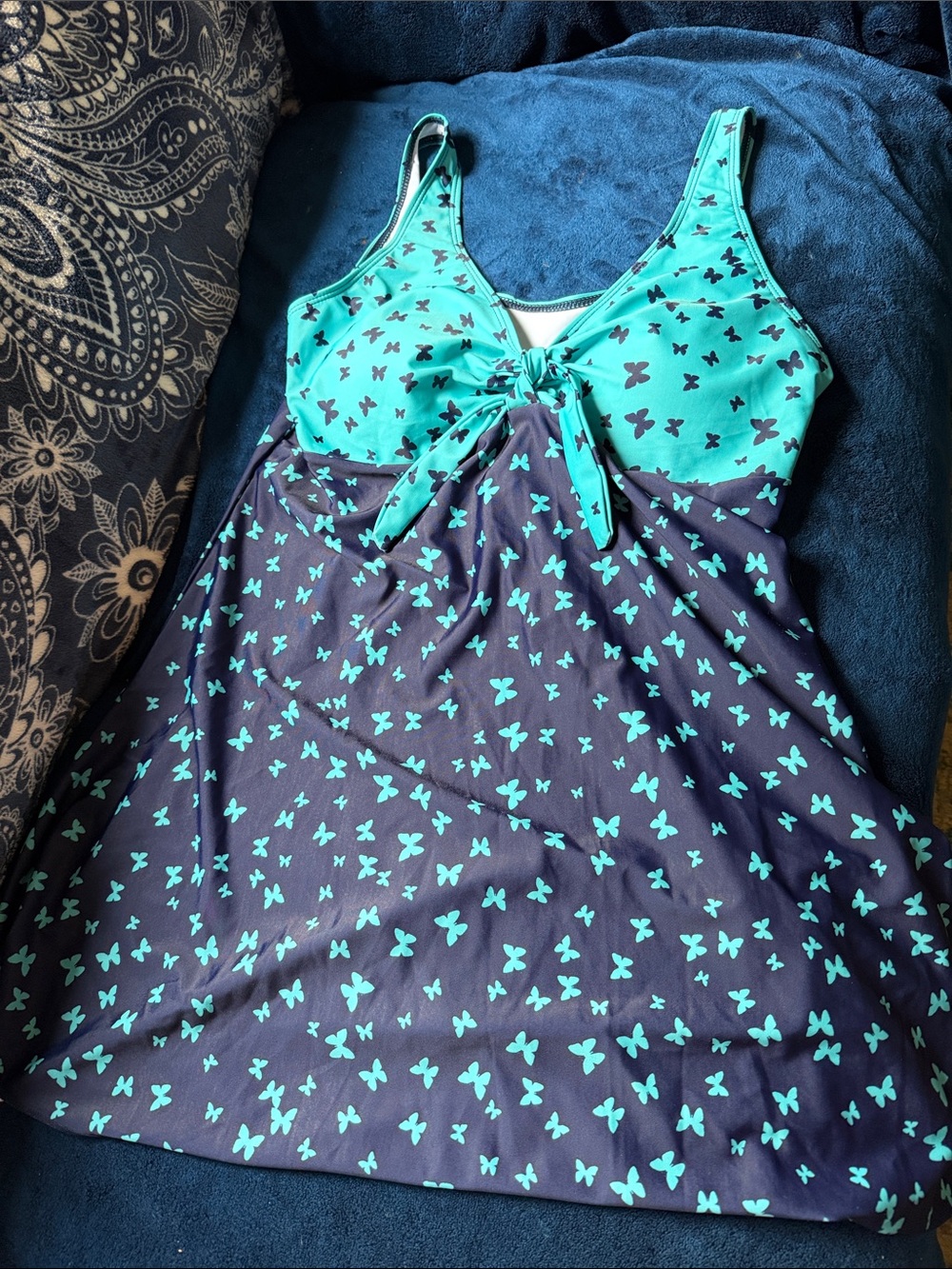 Source Unknown Teal & Navy Butterfly One-Piece Swimdress